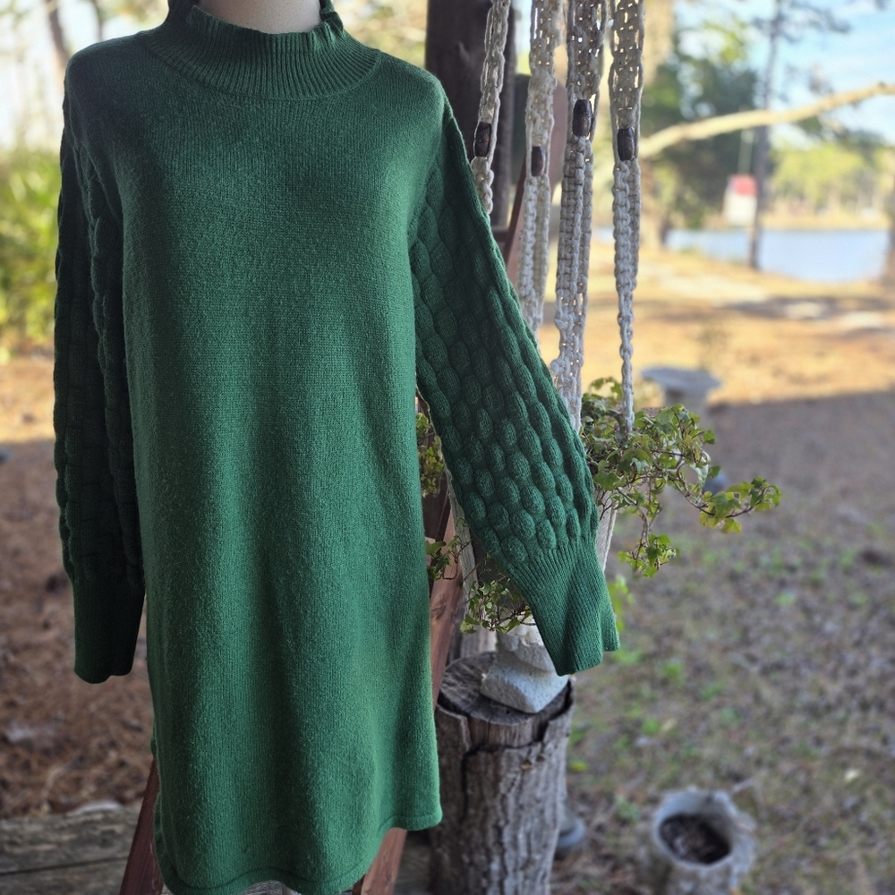 Kelly Green Mock Neck Sweater Dress Midi Length Size Extra Large